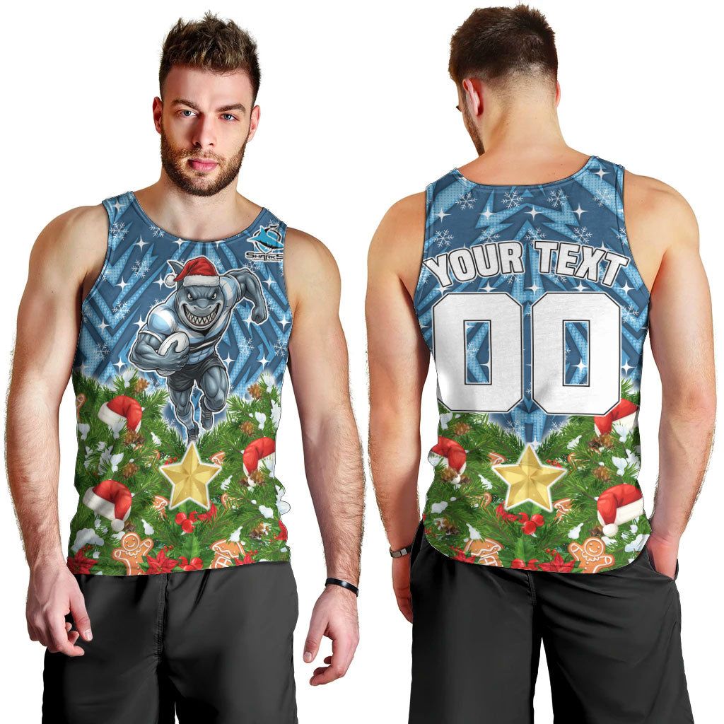 Personalised Sharks Rugby Christmas Men Tank Top Santa Rugby Mascot - Pine Wreath Festive