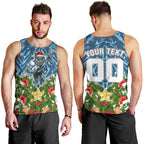 Personalised Sharks Rugby Christmas Men Tank Top Santa Rugby Mascot - Pine Wreath Festive