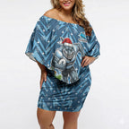 Personalised Sharks Rugby Christmas Off Shoulder Short Dress Santa Rugby Mascot - Pine Wreath Festive