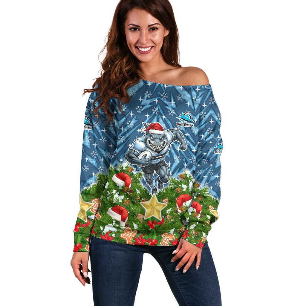 Personalised Sharks Rugby Christmas Off Shoulder Sweater Santa Rugby Mascot - Pine Wreath Festive