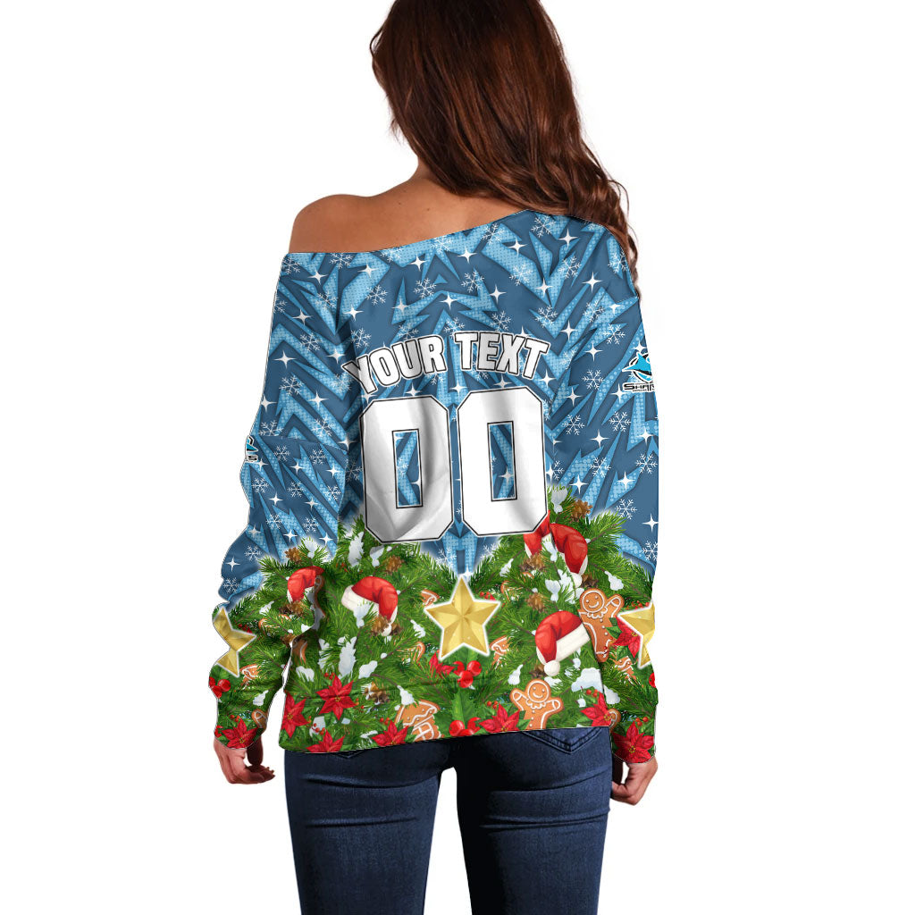 Personalised Sharks Rugby Christmas Off Shoulder Sweater Santa Rugby Mascot - Pine Wreath Festive