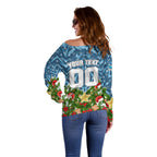 Personalised Sharks Rugby Christmas Off Shoulder Sweater Santa Rugby Mascot - Pine Wreath Festive
