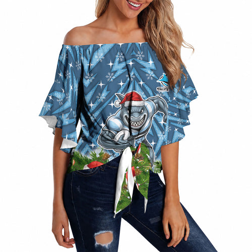 Personalised Sharks Rugby Christmas Off Shoulder Wrap Waist Top Santa Rugby Mascot - Pine Wreath Festive