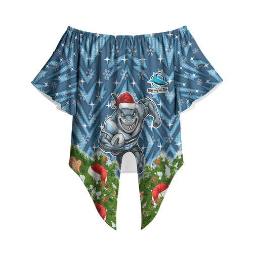 Personalised Sharks Rugby Christmas Off Shoulder Wrap Waist Top Santa Rugby Mascot - Pine Wreath Festive