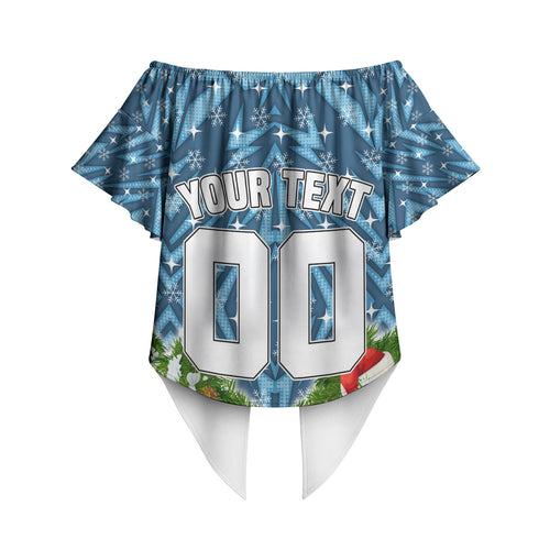 Personalised Sharks Rugby Christmas Off Shoulder Wrap Waist Top Santa Rugby Mascot - Pine Wreath Festive