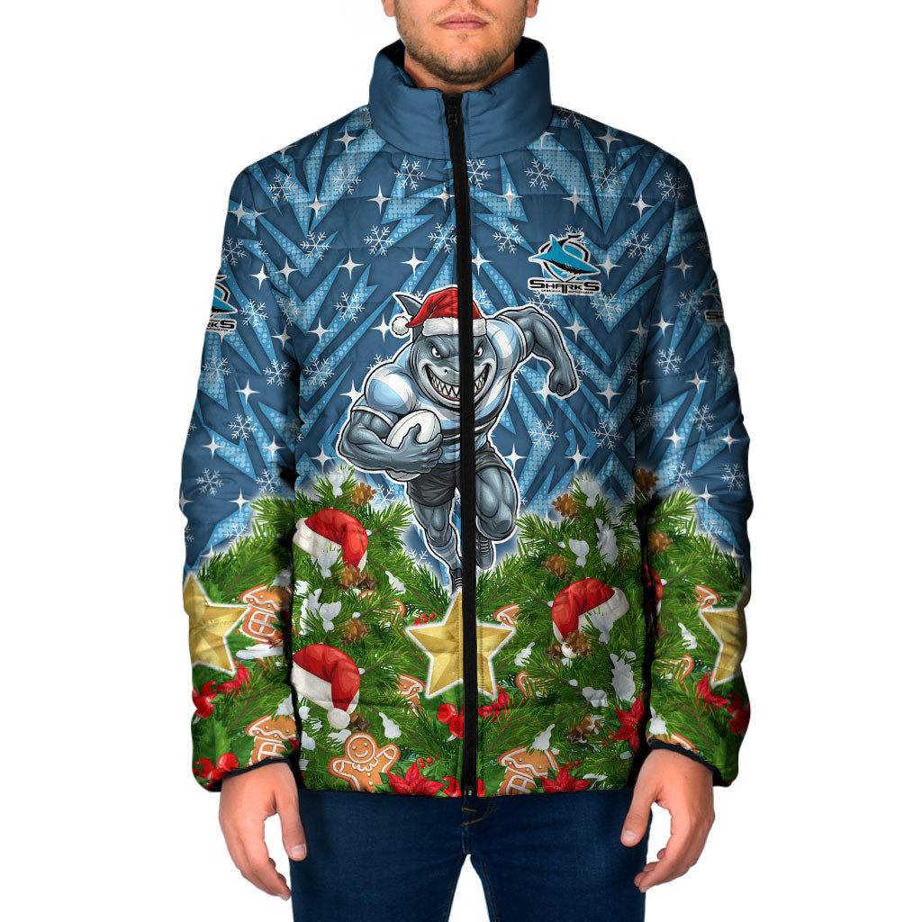 Personalised Sharks Rugby Christmas Padded Jacket Santa Rugby Mascot - Pine Wreath Festive