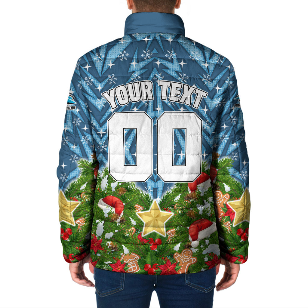 Personalised Sharks Rugby Christmas Padded Jacket Santa Rugby Mascot - Pine Wreath Festive
