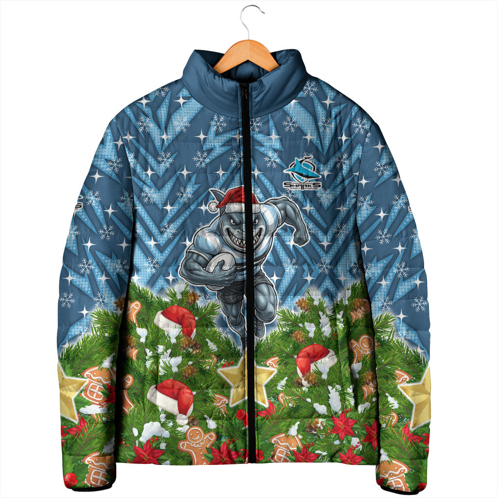 Personalised Sharks Rugby Christmas Padded Jacket Santa Rugby Mascot - Pine Wreath Festive