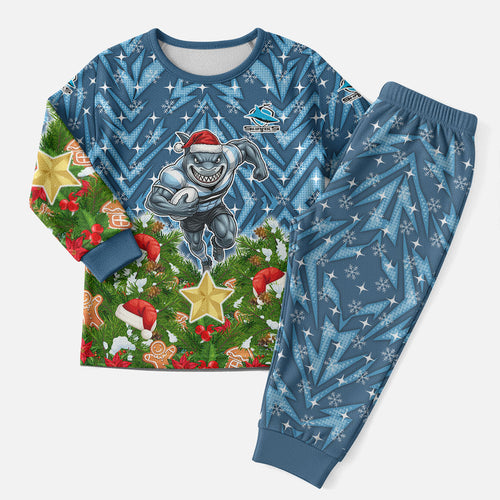 Personalised Sharks Rugby Christmas Pajama Set Santa Rugby Mascot - Pine Wreath Festive