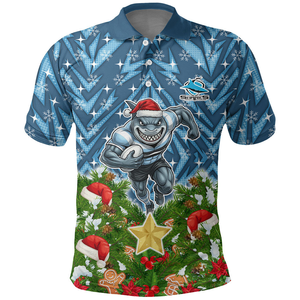 Personalised Sharks Rugby Christmas Polo Shirt Santa Rugby Mascot - Pine Wreath Festive