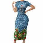 Personalised Sharks Rugby Christmas Short Sleeve Bodycon Dress Santa Rugby Mascot - Pine Wreath Festive