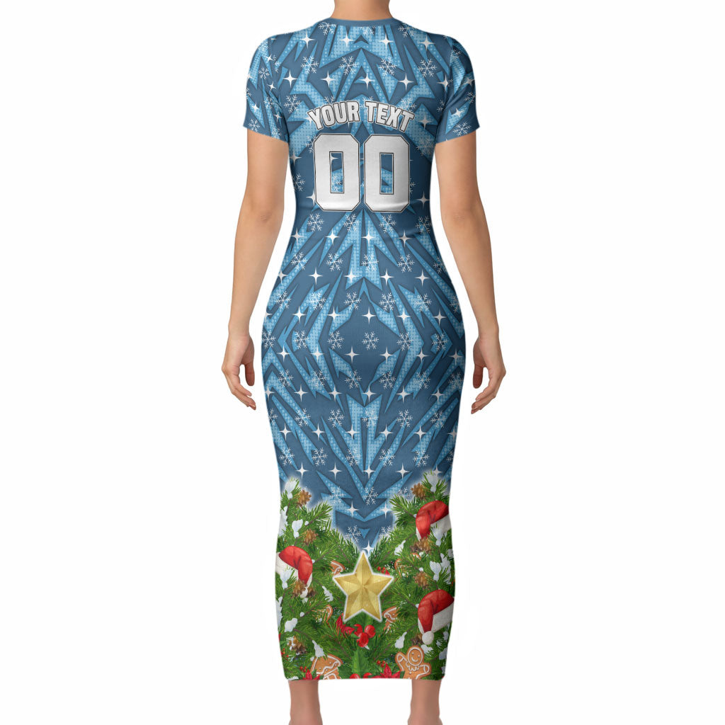 Personalised Sharks Rugby Christmas Short Sleeve Bodycon Dress Santa Rugby Mascot - Pine Wreath Festive