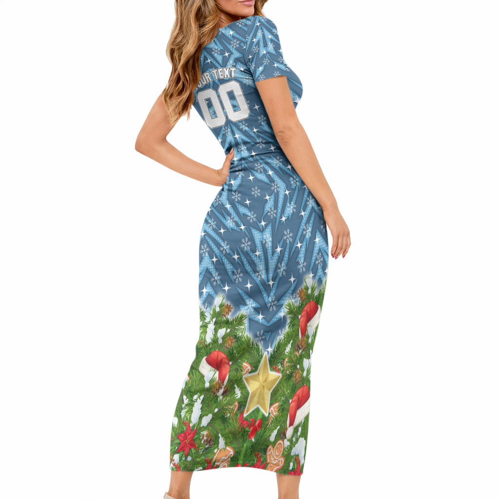 Personalised Sharks Rugby Christmas Short Sleeve Bodycon Dress Santa Rugby Mascot - Pine Wreath Festive