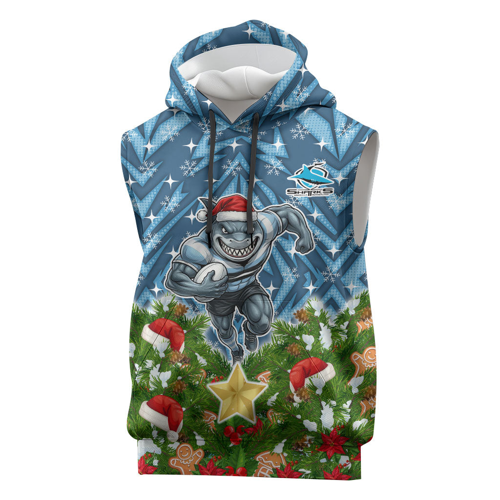 Personalised Sharks Rugby Christmas Sleeveless Hoodie Santa Rugby Mascot - Pine Wreath Festive