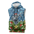 Personalised Sharks Rugby Christmas Sleeveless Hoodie Santa Rugby Mascot - Pine Wreath Festive