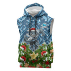Personalised Sharks Rugby Christmas Sleeveless Hoodie Santa Rugby Mascot - Pine Wreath Festive