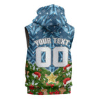 Personalised Sharks Rugby Christmas Sleeveless Hoodie Santa Rugby Mascot - Pine Wreath Festive