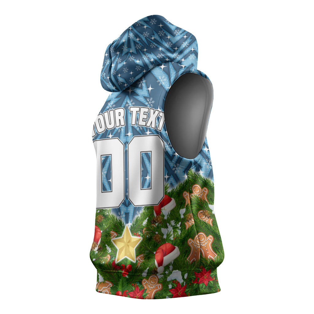 Personalised Sharks Rugby Christmas Sleeveless Hoodie Santa Rugby Mascot - Pine Wreath Festive