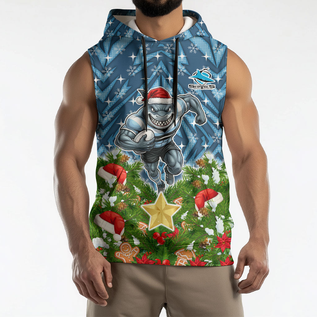 Personalised Sharks Rugby Christmas Sleeveless Hoodie Santa Rugby Mascot - Pine Wreath Festive