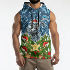 Personalised Sharks Rugby Christmas Sleeveless Hoodie Santa Rugby Mascot - Pine Wreath Festive