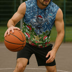 Personalised Sharks Rugby Christmas Sleeveless Hoodie Santa Rugby Mascot - Pine Wreath Festive