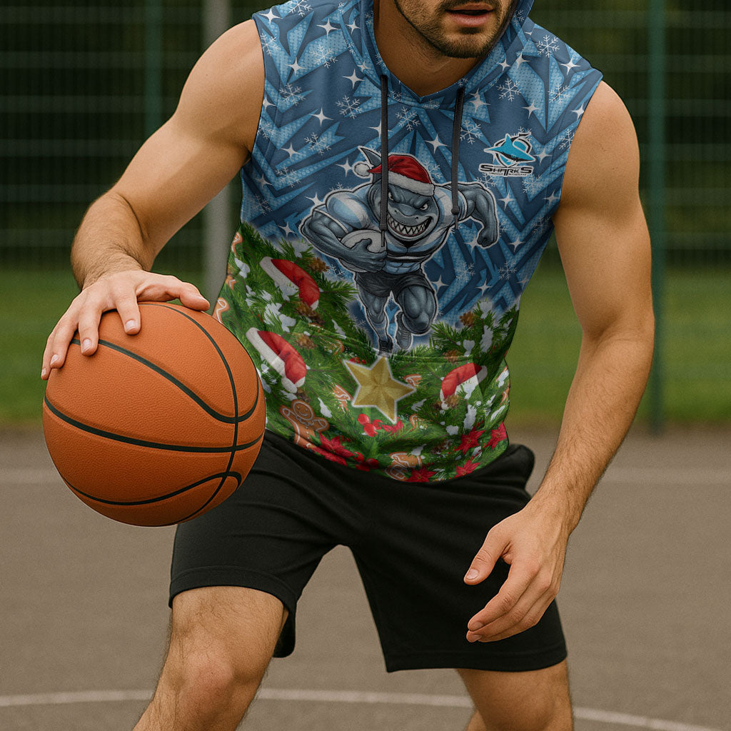Personalised Sharks Rugby Christmas Sleeveless Hoodie Santa Rugby Mascot - Pine Wreath Festive