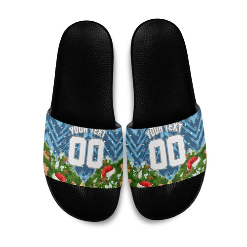Personalised Sharks Rugby Christmas Slide Sandals Santa Rugby Mascot - Pine Wreath Festive