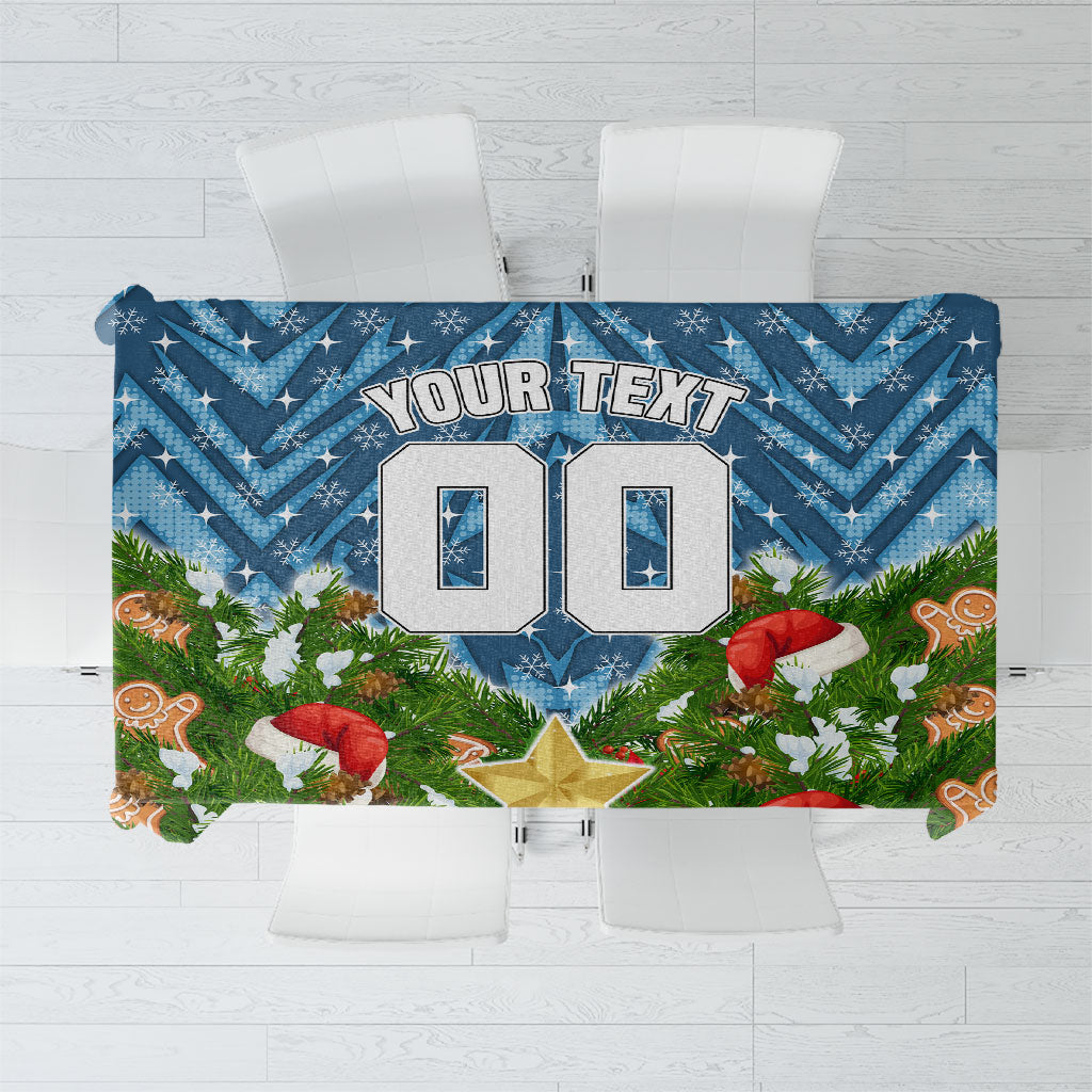 Personalised Sharks Rugby Christmas Tablecloth Santa Rugby Mascot - Pine Wreath Festive