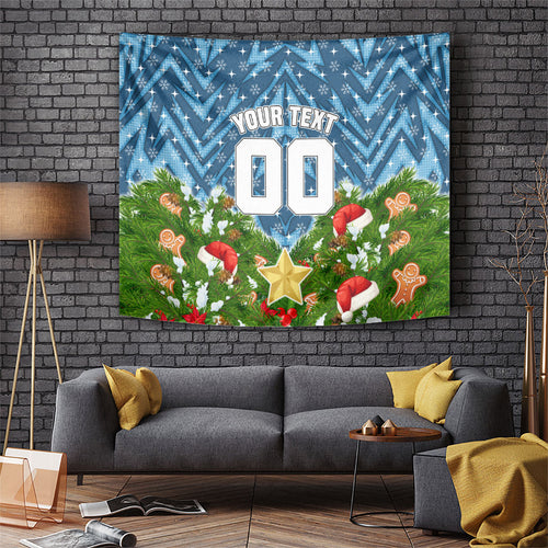 Personalised Sharks Rugby Christmas Tapestry Santa Rugby Mascot - Pine Wreath Festive