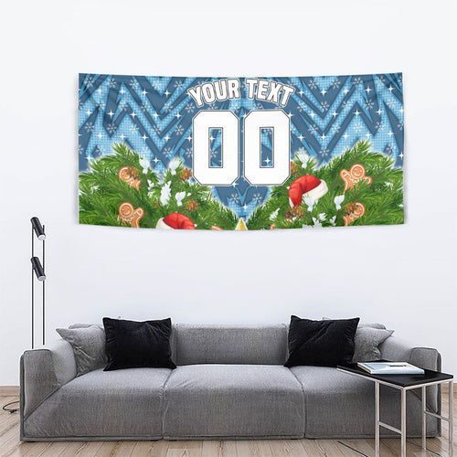 Personalised Sharks Rugby Christmas Tapestry Santa Rugby Mascot - Pine Wreath Festive