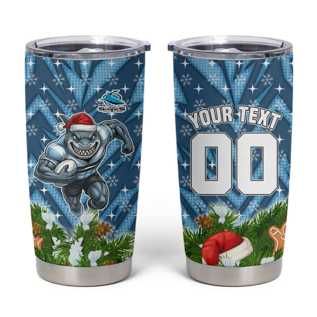 Personalised Sharks Rugby Christmas Tumbler Cup Santa Rugby Mascot - Pine Wreath Festive