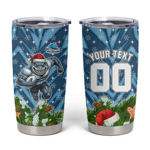 Personalised Sharks Rugby Christmas Tumbler Cup Santa Rugby Mascot - Pine Wreath Festive