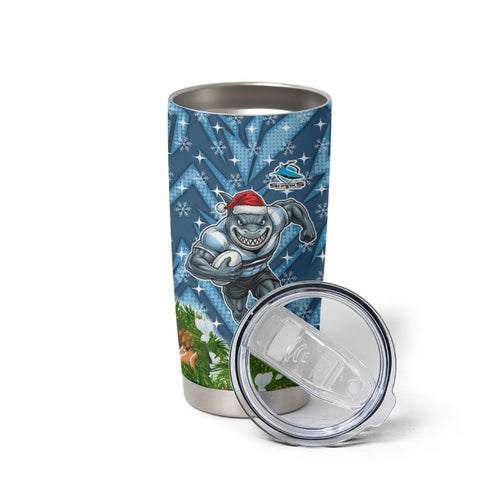 Personalised Sharks Rugby Christmas Tumbler Cup Santa Rugby Mascot - Pine Wreath Festive