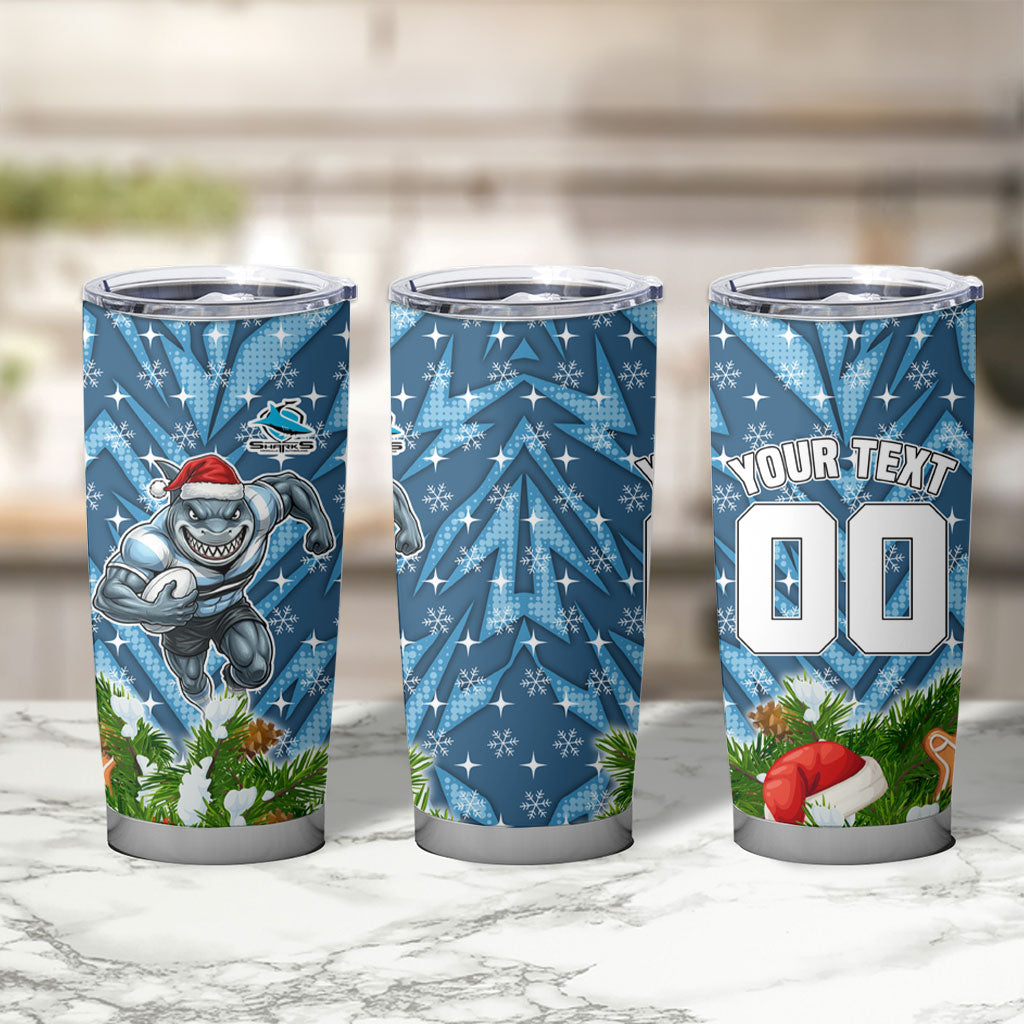 Personalised Sharks Rugby Christmas Tumbler Cup Santa Rugby Mascot - Pine Wreath Festive