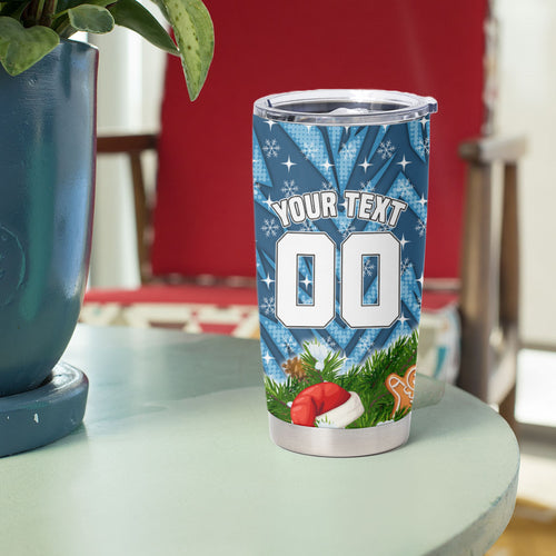 Personalised Sharks Rugby Christmas Tumbler Cup Santa Rugby Mascot - Pine Wreath Festive