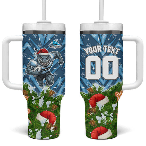Personalised Sharks Rugby Christmas Tumbler With Handle Santa Rugby Mascot - Pine Wreath Festive