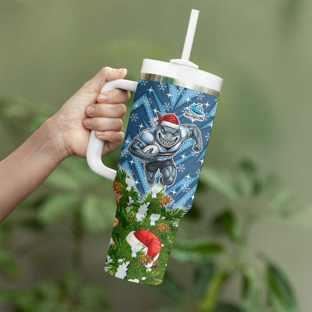 Personalised Sharks Rugby Christmas Tumbler With Handle Santa Rugby Mascot - Pine Wreath Festive