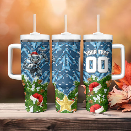 Personalised Sharks Rugby Christmas Tumbler With Handle Santa Rugby Mascot - Pine Wreath Festive
