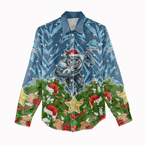 Personalised Sharks Rugby Christmas Women Casual Shirt Santa Rugby Mascot - Pine Wreath Festive