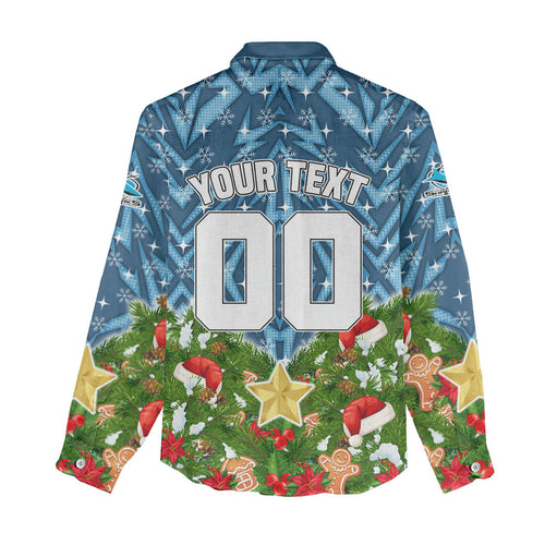Personalised Sharks Rugby Christmas Women Casual Shirt Santa Rugby Mascot - Pine Wreath Festive