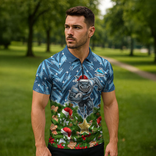 Personalised Sharks Rugby Christmas Zipper Polo Shirt Santa Rugby Mascot - Pine Wreath Festive