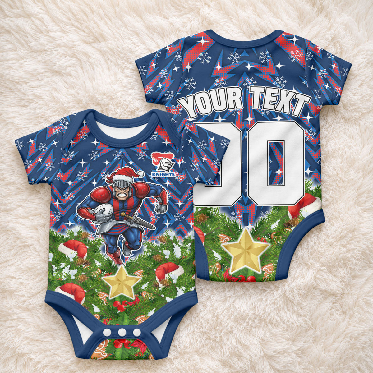 Personalised Newcastle Knights Rugby Christmas Baby Onesie Santa Rugby Mascot - Pine Wreath Festive