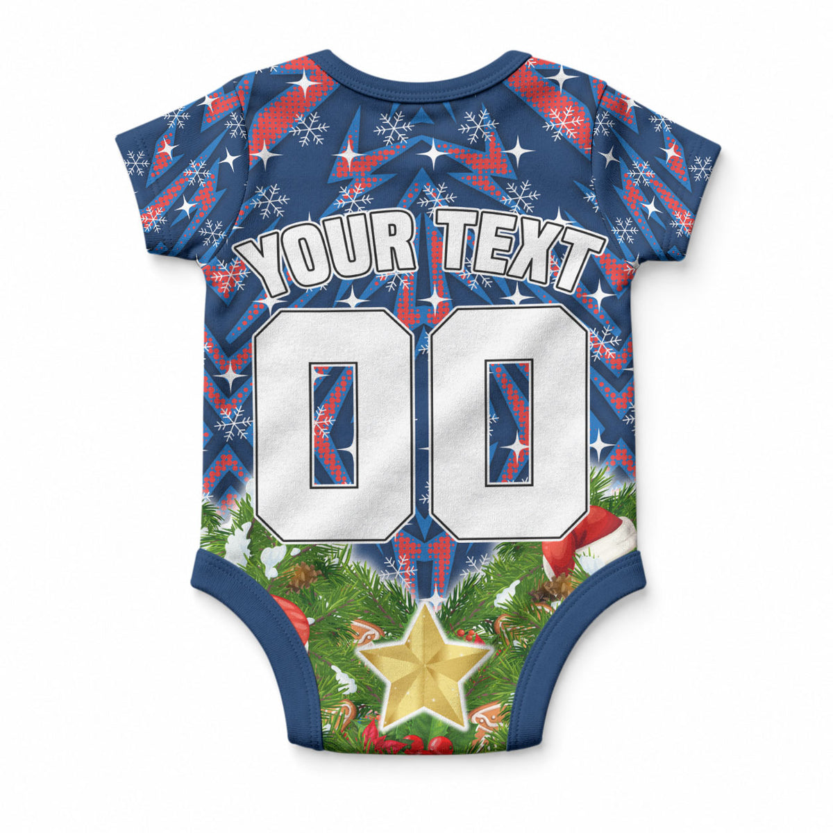 Personalised Newcastle Knights Rugby Christmas Baby Onesie Santa Rugby Mascot - Pine Wreath Festive