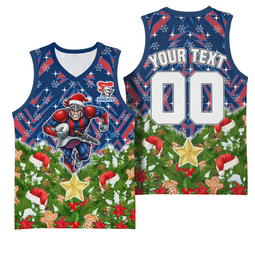 Personalised Newcastle Knights Rugby Christmas Basketball Jersey Santa Rugby Mascot - Pine Wreath Festive