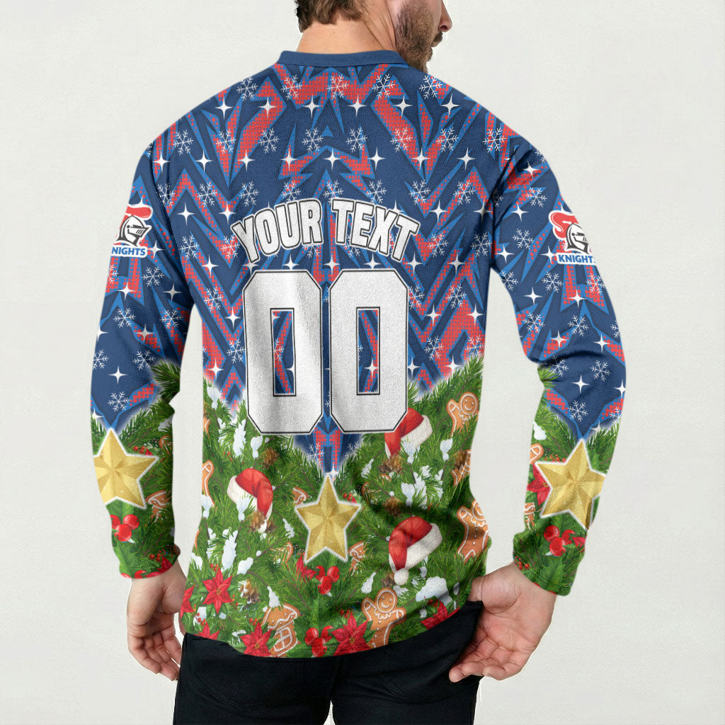 Personalised Newcastle Knights Rugby Christmas Button Sweatshirt Santa Rugby Mascot - Pine Wreath Festive