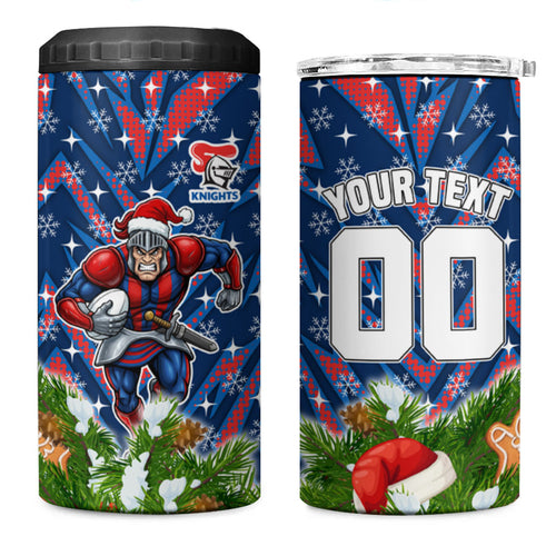Personalised Newcastle Knights Rugby Christmas 4 in 1 Can Cooler Tumbler Santa Rugby Mascot - Pine Wreath Festive