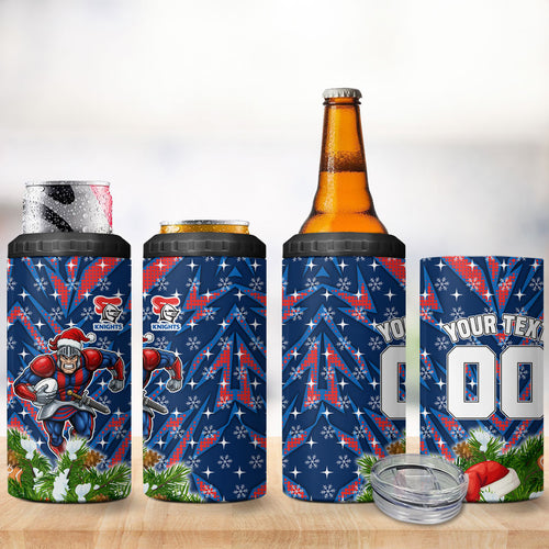 Personalised Newcastle Knights Rugby Christmas 4 in 1 Can Cooler Tumbler Santa Rugby Mascot - Pine Wreath Festive