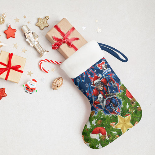 Newcastle Knights Rugby Christmas Stocking Santa Rugby Mascot - Pine Wreath Festive