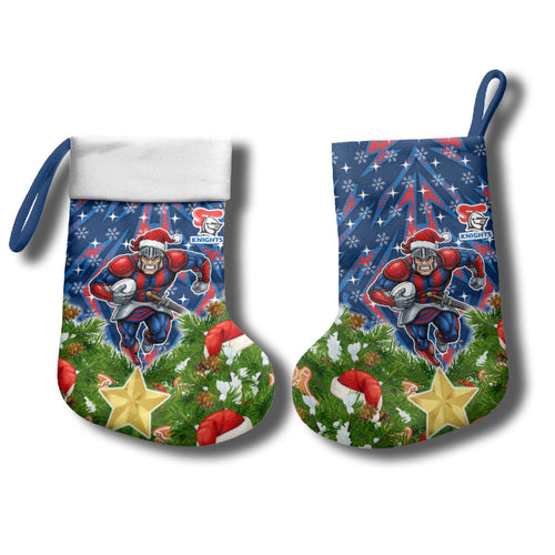 Newcastle Knights Rugby Christmas Stocking Santa Rugby Mascot - Pine Wreath Festive