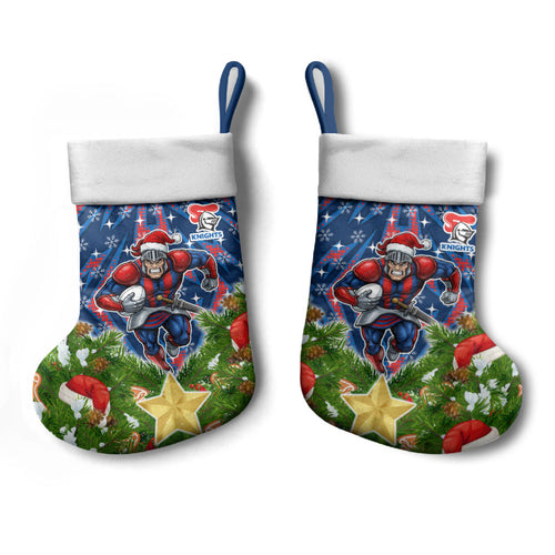 Newcastle Knights Rugby Christmas Stocking Santa Rugby Mascot - Pine Wreath Festive